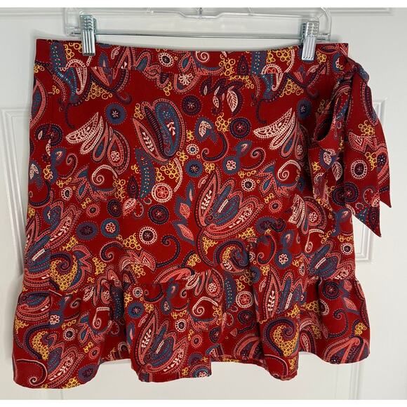 LOFT Red Paisley Wrap Mini Skirt Size 10 – Ruffle Hem Boho Festival Style - Picture 1 of 7